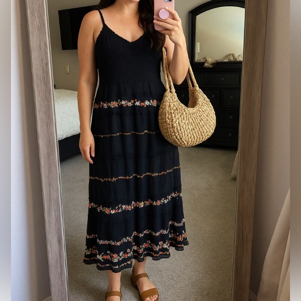 Vintage Y2K Spenser Jeremy Black Silk Beaded Midi Dress Size 4 Small